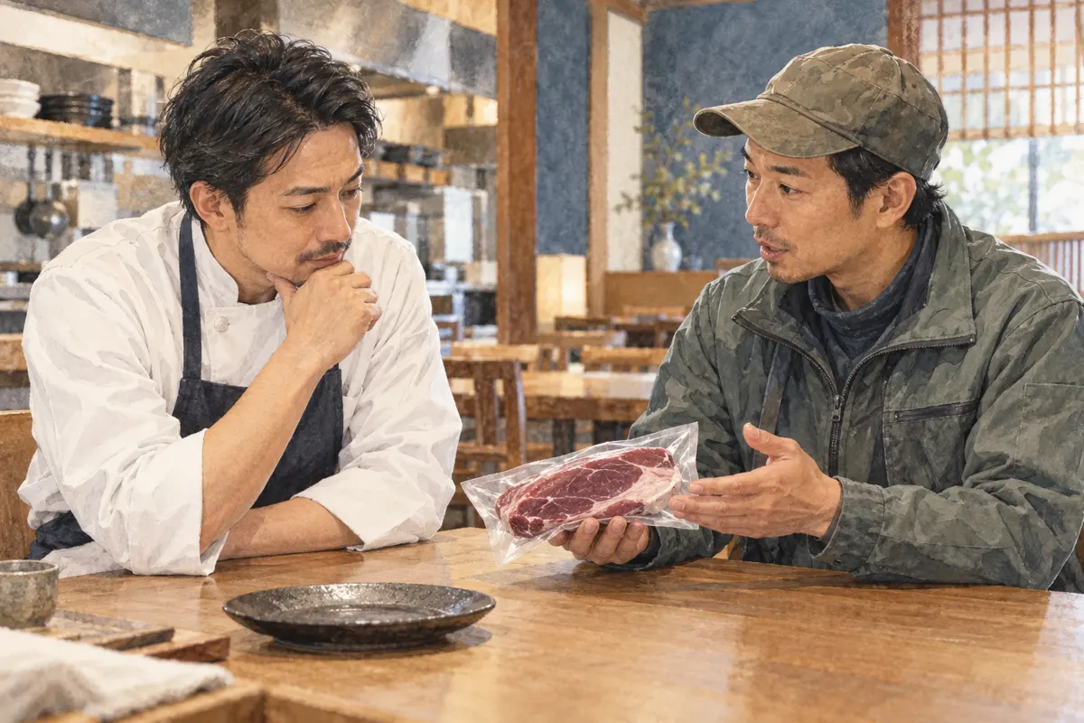 鹿肉の商品を見ながら話を聞く施設担当者と料理人