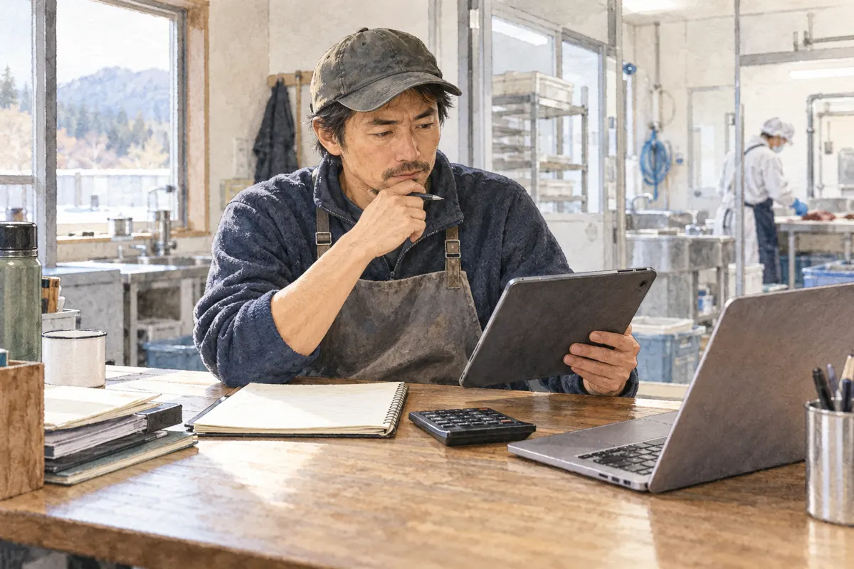 ノートと計算機を使って道具を比べる担当者