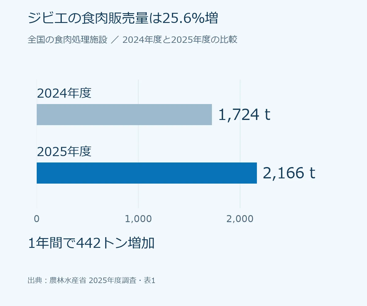 全国のジビエ食肉販売量は、2024年度1,724トン、2025年度2,166トンで25.6％増加。同じゼロ起点の棒グラフ。出典：農林水産省、2026年9月30日公表資料、表1。