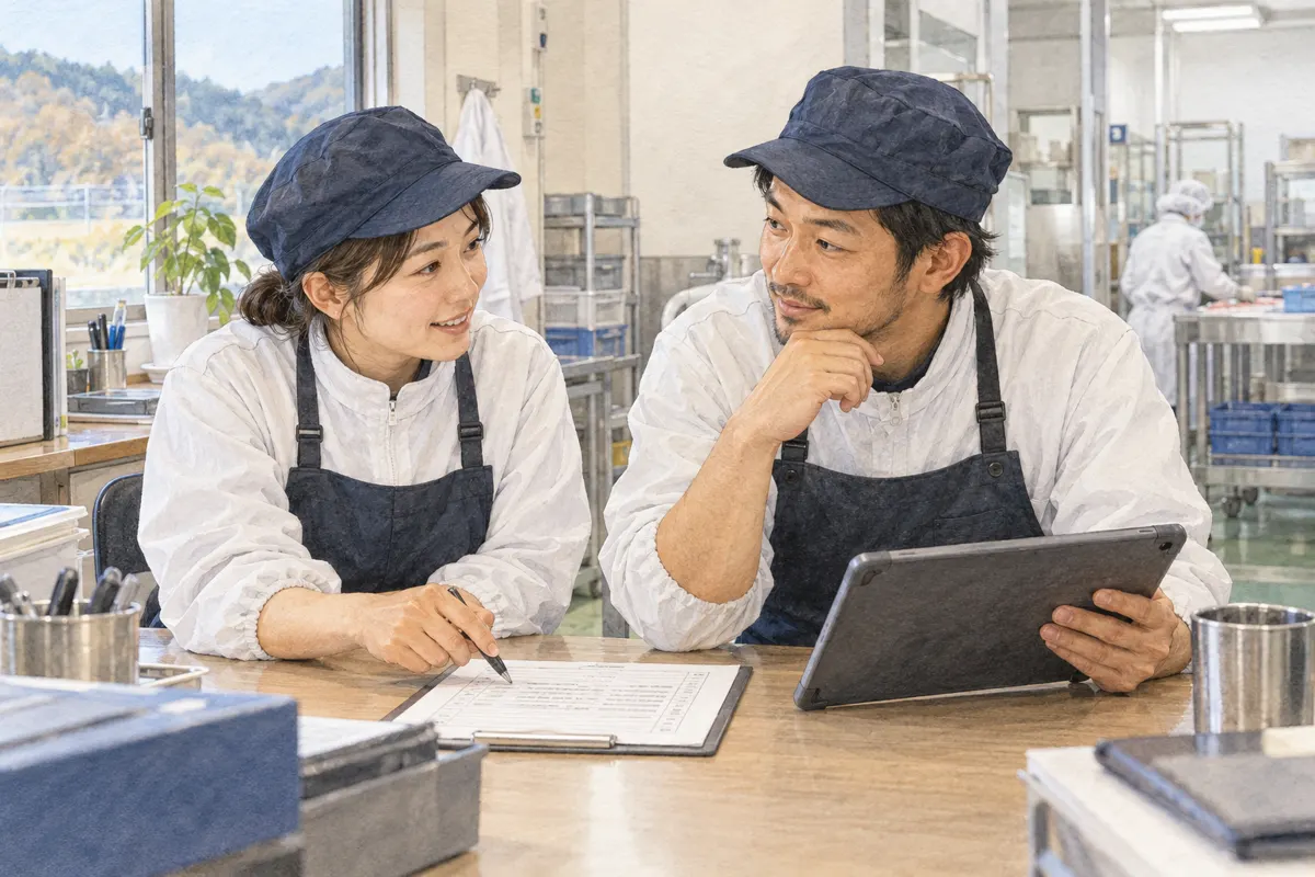 同じ記録を見ながら引き継ぎをする二人