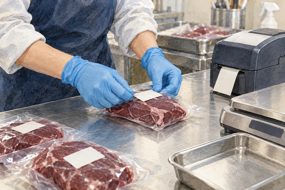 包装した鹿肉にラベルを貼る作業