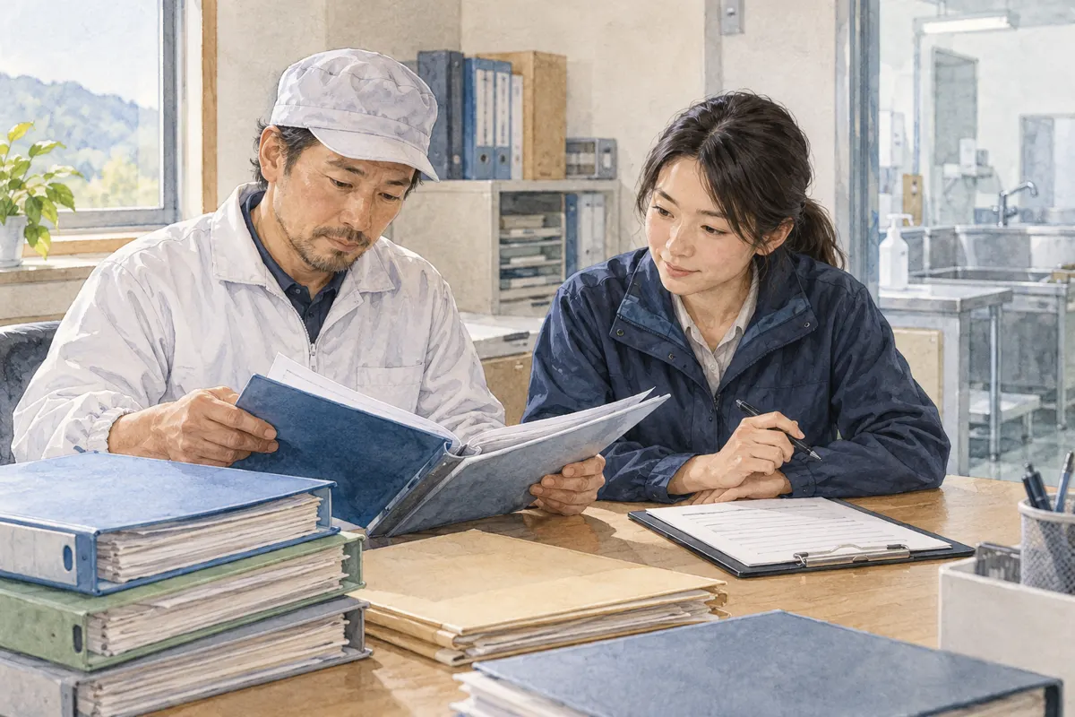 書類を広げて準備することを相談する二人