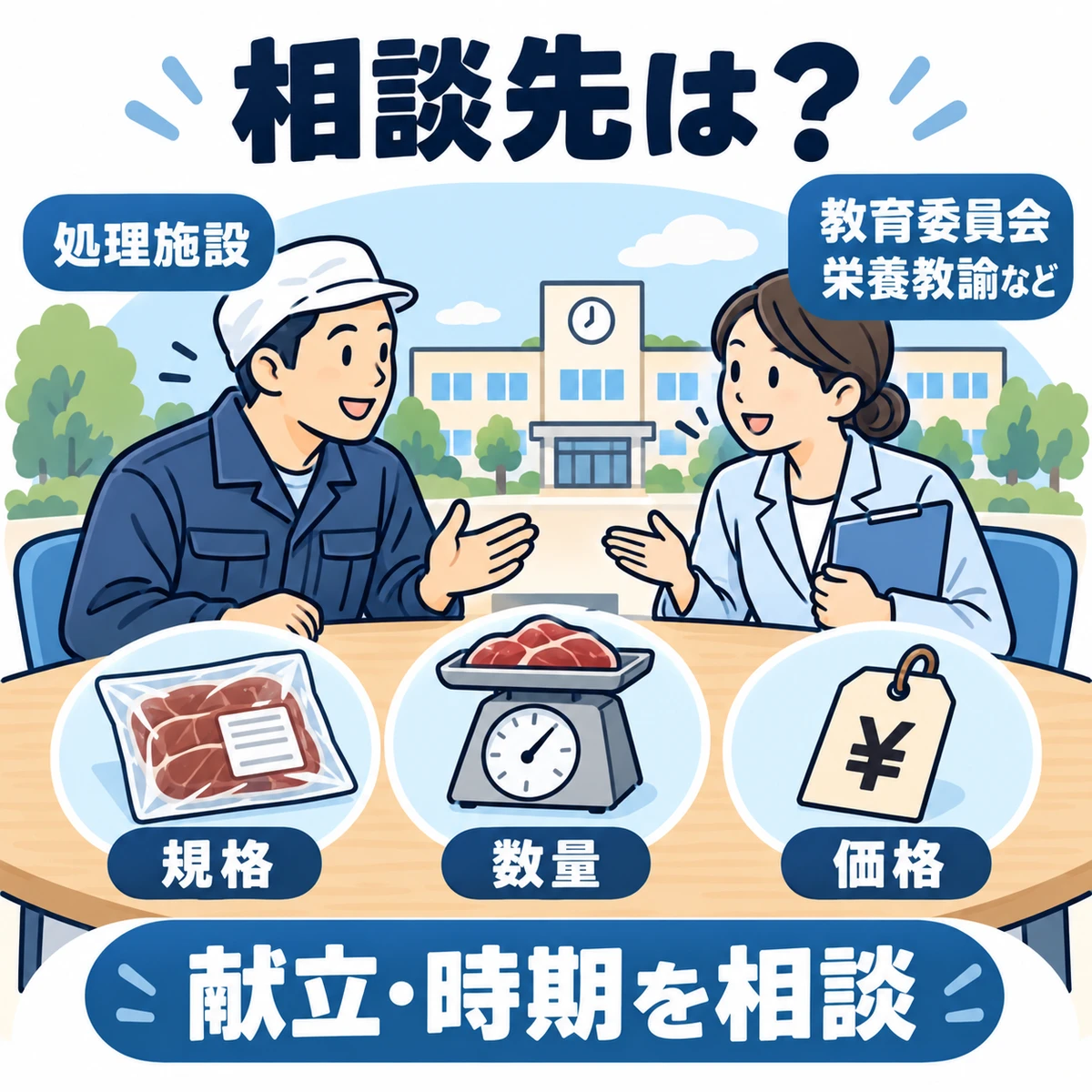 AI生成の図解:処理施設が教育委員会・栄養教諭等に規格・数量・価格を伝え、献立と時期を相談する。手引き2026年6月版・第4章を基に作成。