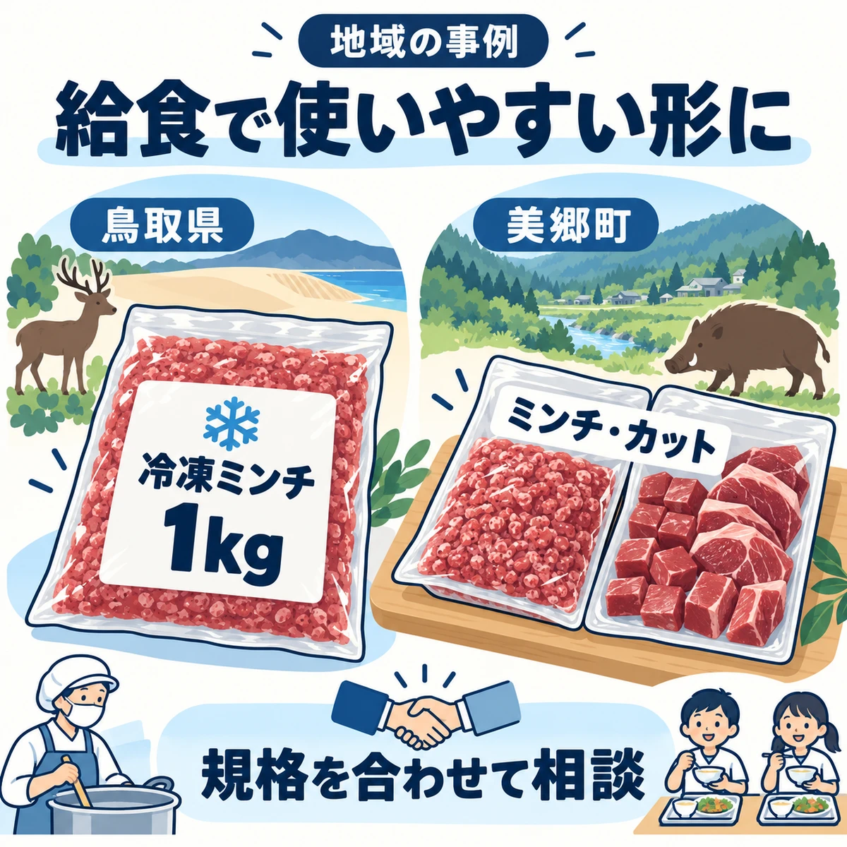 AI生成の図解:鳥取県の冷凍ミンチ1袋1kgと、美郷町のミンチ・カットの事例。出典:手引き2026年6月版・第5章p.21–22。