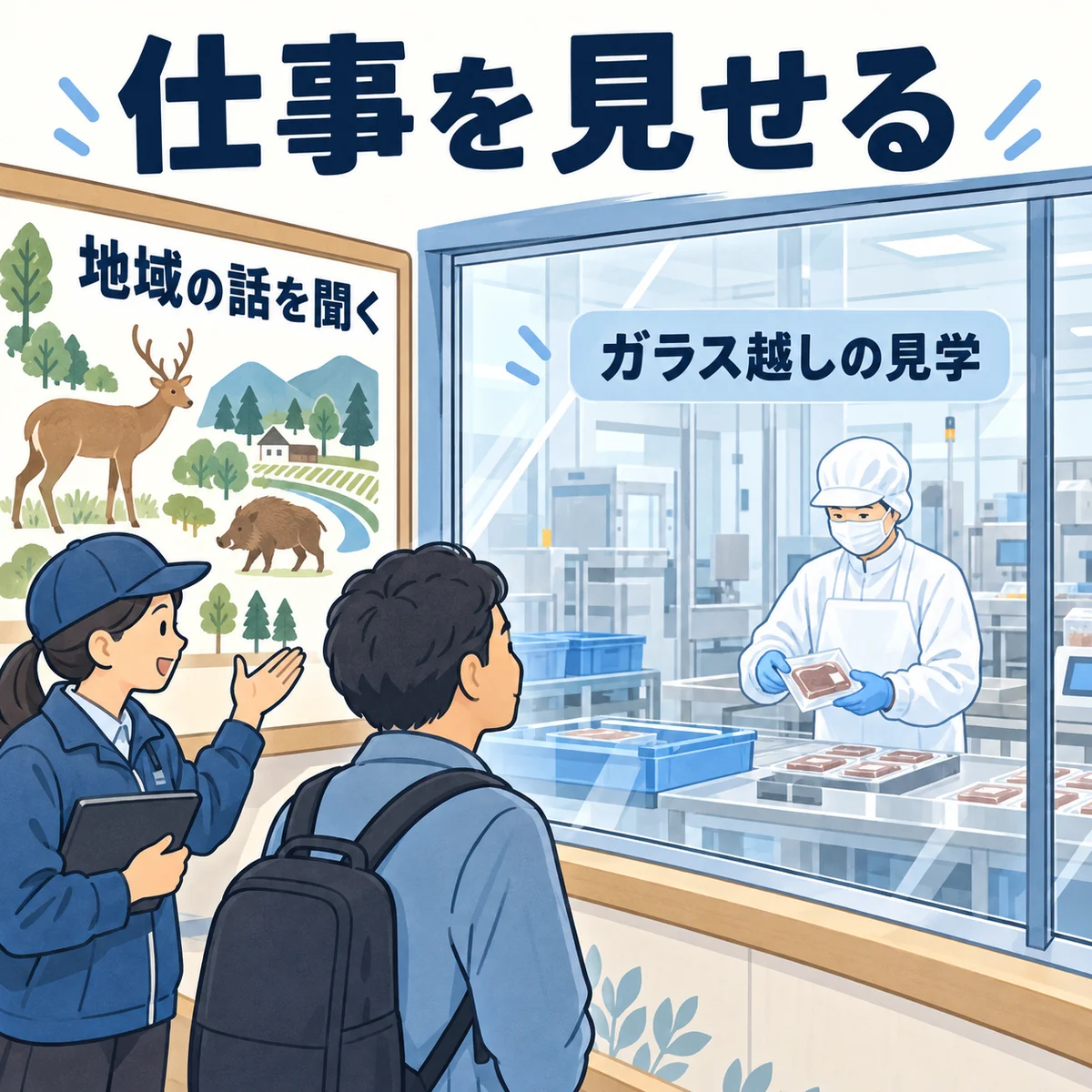 AI生成の概念図：来訪者が作業室の外からガラス越しに仕事を見学し、地域の話を聞く。aff2026年9月号の事例を基にした説明用イメージで、実在施設の再現ではない。