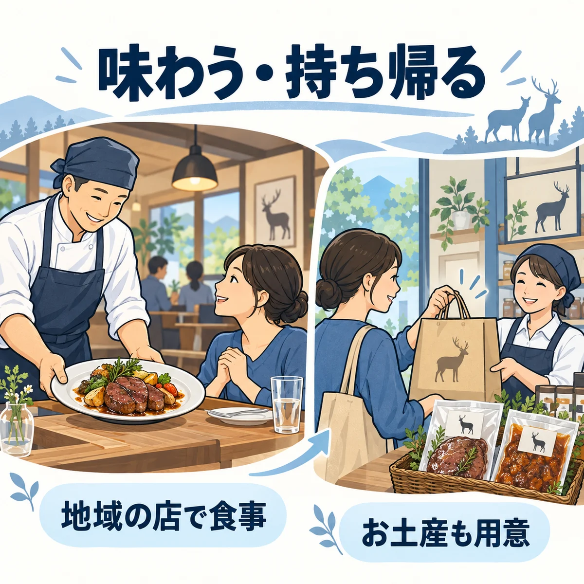 AI生成の概念図：地域の店で十分に加熱した料理を食べ、売場で包装済みの商品を持ち帰る。編集部の連携案で、実在の料理・売場の写真ではない。