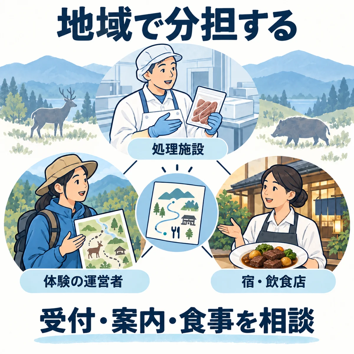 AI生成の概念図：処理施設・体験の運営者・宿や飲食店が相談する。編集部の分担案で、特定事業者の体制図ではない。