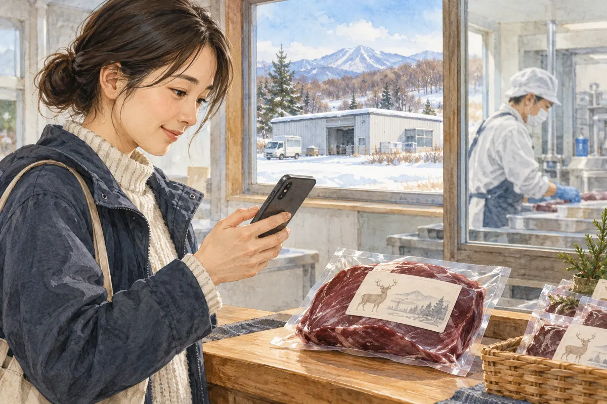 包装した鹿肉の情報をスマートフォンで見る人